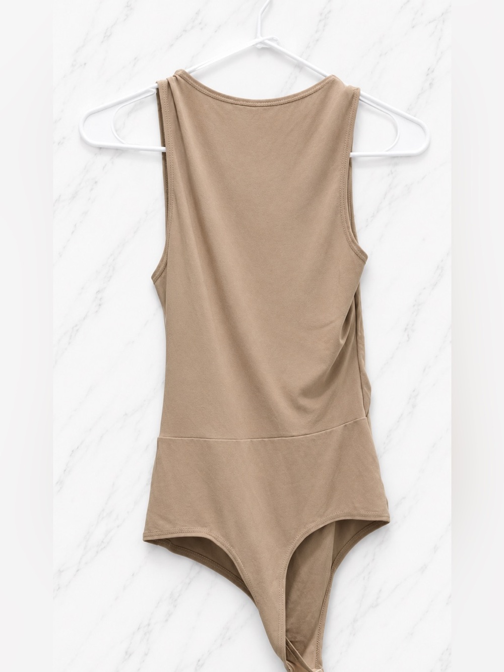 Fashion Nova Plunging Draped Cowl Neck Bodysuit Taupe Tan Thong | Small - Picture 3 of 5